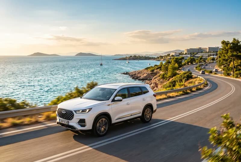 White Chery Tiggo 8 seven-seat SUV on the Athens coast